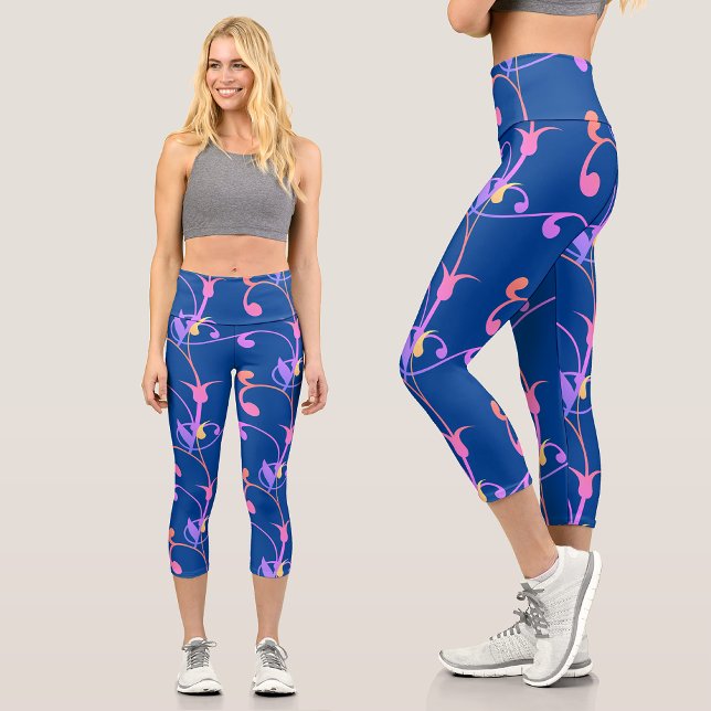 Modern Colourful Rainbow Floral Botanical Pattern Capri Leggings (Creator Uploaded)
