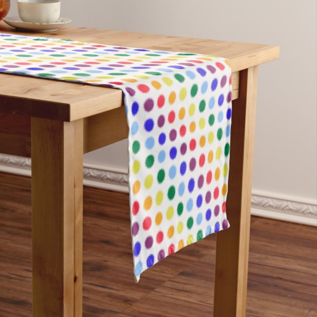 Modern Colourful Rainbow Polka Dots Pattern Short Table Runner (In Situ)