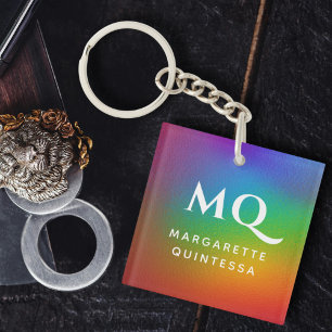 Modern Colourful Rainbow White Monogram Initials Key Ring