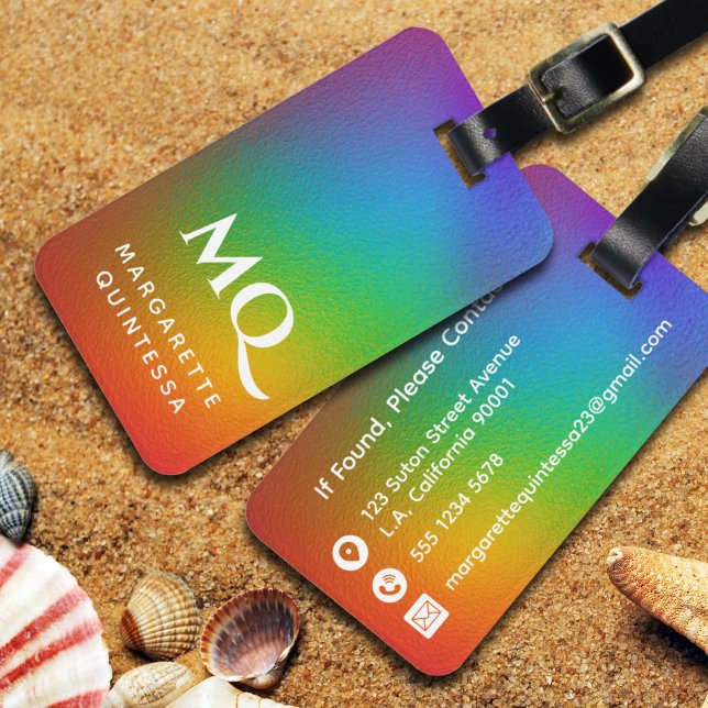 Modern Colourful Rainbow White Monogram Initials Luggage Tag (Creator Uploaded)