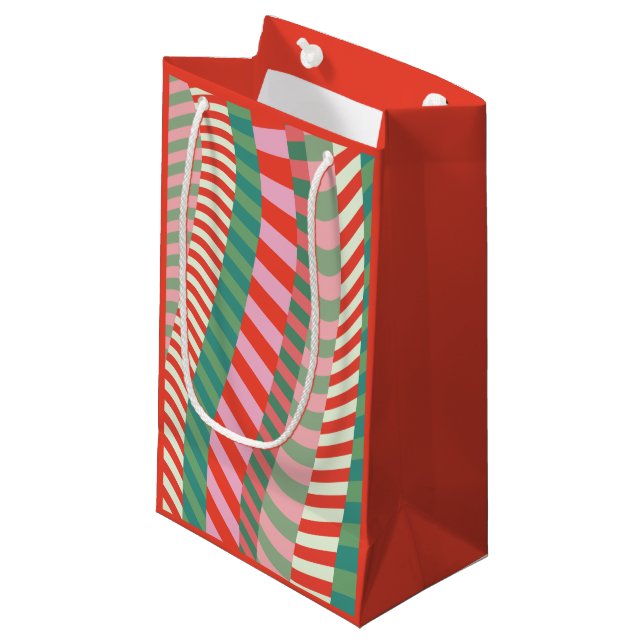 Modern Colourful Red Green Pink Geometric Stripes Small Gift Bag (Front Angled)