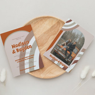 Modern Colourful Retro Arch Photo Rainbow Wedding Invitation