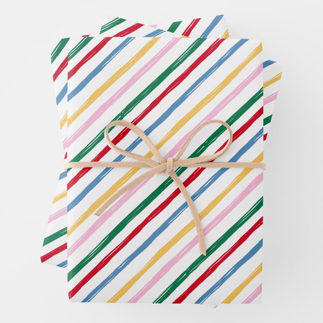 Modern Colourful Retro Christmas Holiday Stripes Wrapping Paper Sheet (In situ)