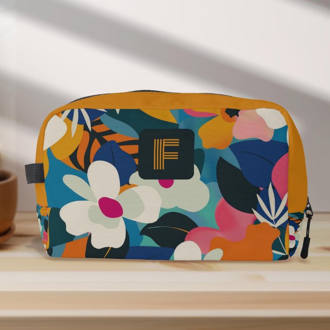 Modern Colourful Retro Flowers Womens Monogrammed Dopp Kit (Boho floral retro 70s style flowers pattern Dopp Kit Bag for women.)