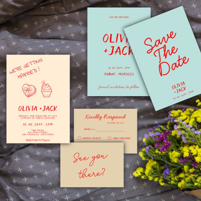Modern Colourful Retro Fun Whimsical Script Weddin Invitation (Creator Uploaded)