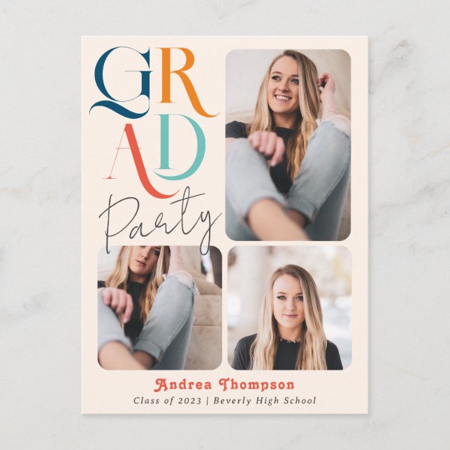 Modern Colourful Retro Three Photo Graduation Invitation Postcard (Front)