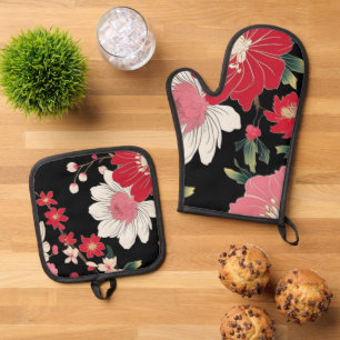 Modern Colourful Sakura Flower Japan Birthday part Oven Mitt & Pot Holder Set