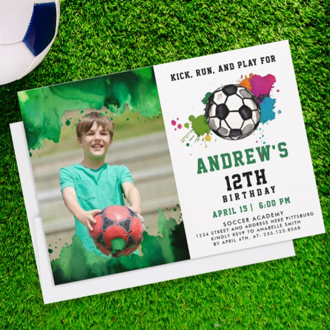 Modern Colourful Soccer Birthday Party Green Photo Invitation (Creator Uploaded)