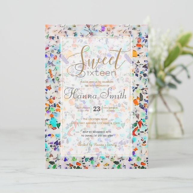 Modern Colourful Speckles Terrazzo Watercolor Pain Invitation (Standing Front)