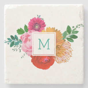 Modern Colourful Spring Flowers Monogramed Stone Coaster