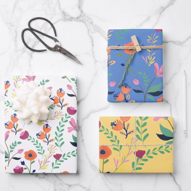 Modern Colourful Spring Wildflower Meadow Floral Wrapping Paper Sheet (Front)