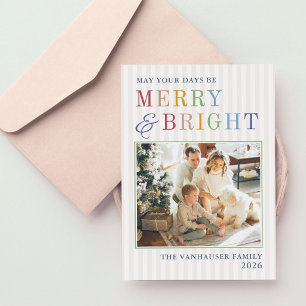 Modern Colourful Stripe Merry and Bright Photo Holiday Card
