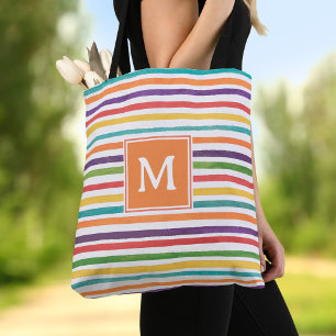 Modern colourful stripes summer monogram tote bag