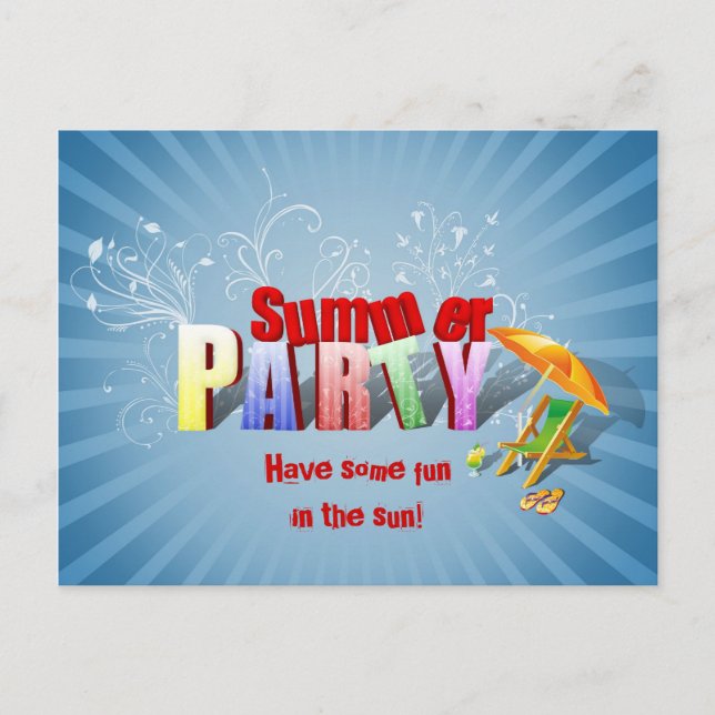 Modern Colourful Summer Holiday Party Invitation Postcard (Front)