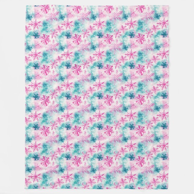 Modern Colourful Teal and Pink Snowflake Pattern Fleece Blanket (Front)