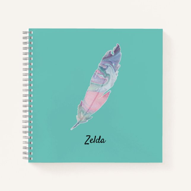 Modern Colourful Teal Blue & Pink Feather Notebook (Front)