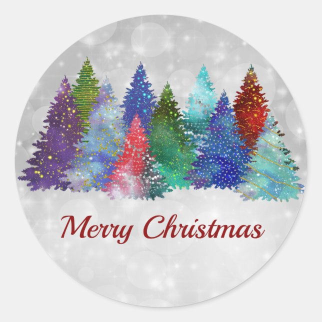 Modern Colourful Trees Watercolor Christmas Classic Round Sticker (Front)