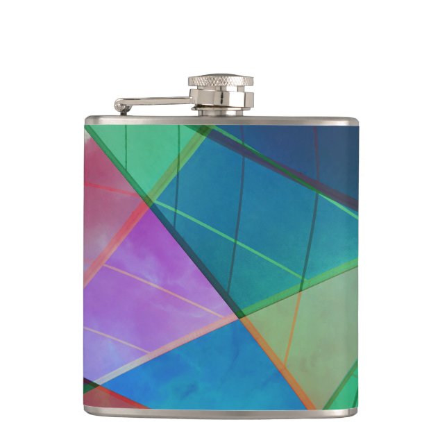 Modern, colourful triangles, trapezoid shapes art hip flask (Front)
