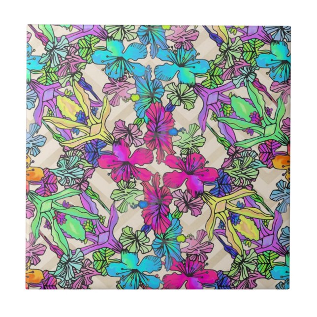 Modern Colourful Tropical Botanical Pattern Ceramic Tile (Front)