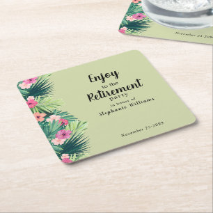 Modern Colourful Tropical Flower Retirement Party Square Paper Coaster