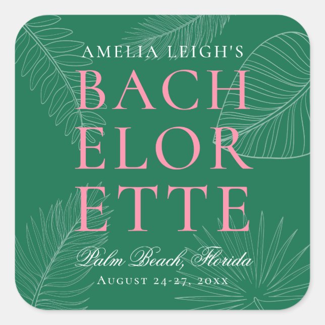 Modern Colourful  Tropical Palm Leaves Bachelorett Square Sticker (Front)