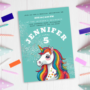 Modern Colourful Unicorn Horse Aqua Bllue Stars Invitation