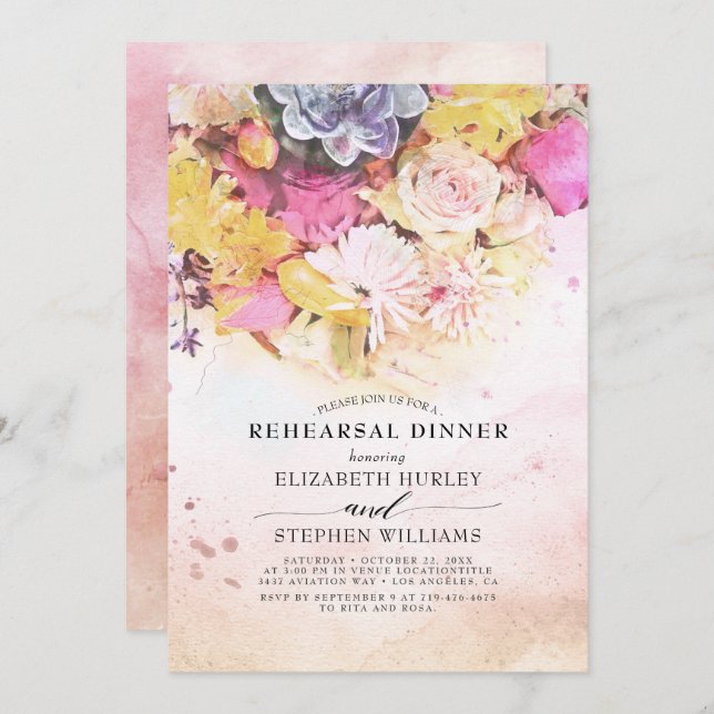Modern Colourful Watercolor Floral Rehearsal Dinne Invitation (Front/Back)