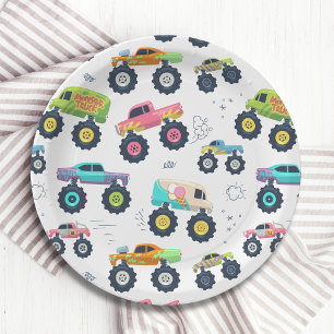 Modern Colourful Watercolor Monster Car Trucks Paper Plate