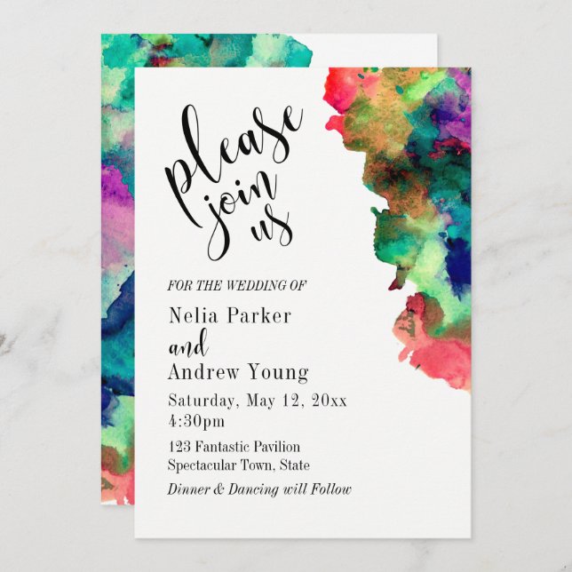 Modern, Colourful Watercolor "Please Join Us" Invitation (Front/Back)