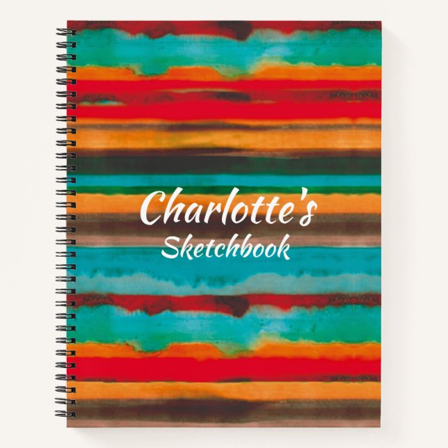 Modern Colourful Watercolor Stripes Personalised  Notebook (Front)