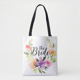 Modern Colourful Watercolors Wreath-The Bride Text Tote Bag