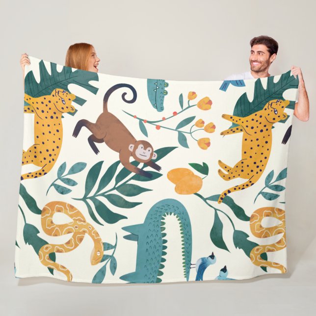 Modern colourful wild animal in the jungle l Blue Fleece Blanket (In Situ)