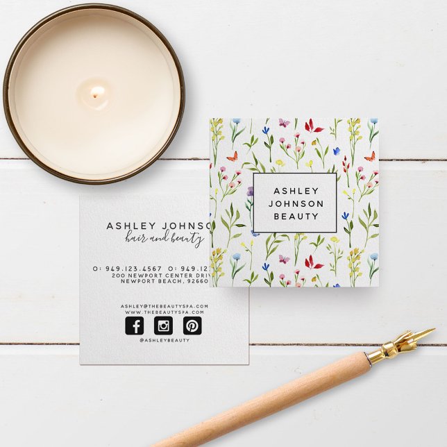 Modern Colourful Wild Flowers Pattern Feminine Square Business Card (Creator Uploaded)