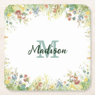 Modern Colourful Wildflower Flower summer monogra Square Paper Coaster