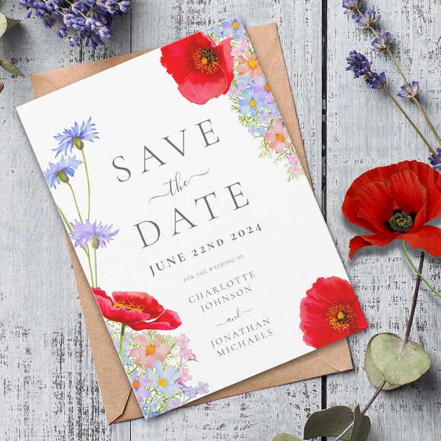 Modern Colourful Wildflower Wedding Save The Date (Colorful watercolor wildflower wedding save the date invitation elegant script)
