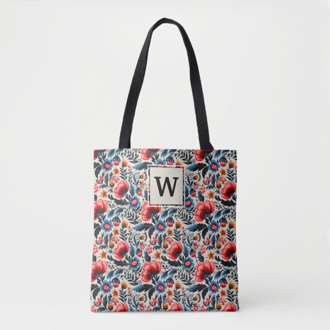 Modern Colourful Wildflowers with Custom Monogram Tote Bag (Front)
