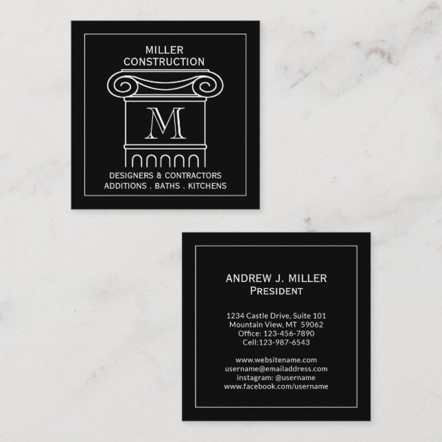 Modern Column Monogram Contractor Architect Square Square Business Card (Front/Back)