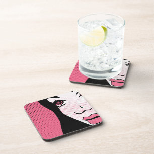 Modern Comic Book Pop Art of Woman's Face Coaster