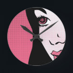 Modern Comic Book Pop Art of Woman's Face Round Clock<br><div class="desc">Modern Comic Book Pop Art of Woman's Face</div>