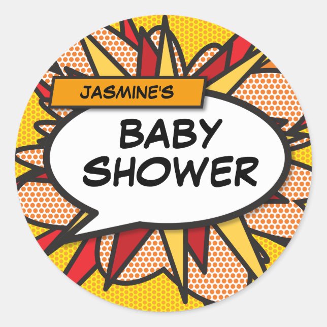 Modern Comic Book Typography Baby Shower  Classic Round Sticker (Front)