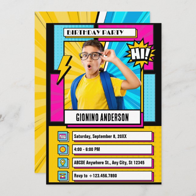 Modern comic cartoon photo birthday invitation (Front/Back)
