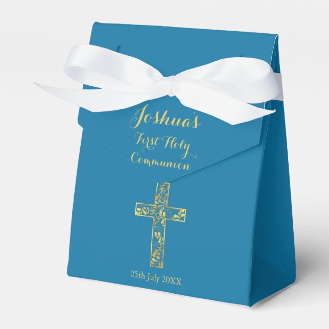 Modern Communion blue gold cross boys Favour Box (Front Side)