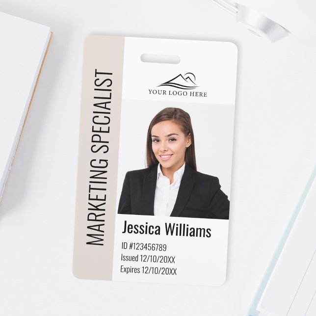 Modern Company Employee Photo Logo Name Beige ID Badge (Creator Uploaded)