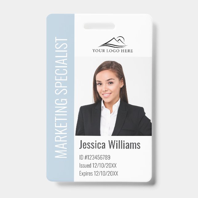 Modern Company Employee Photo Logo Name Dusty Blue ID Badge (Front)
