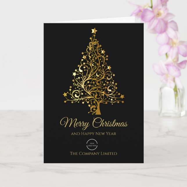 Modern Company Logo Black & Gold Christmas  Card (Orchid)
