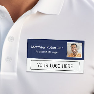 Modern Company Logo Navy Blue Employee Photo Name Tag