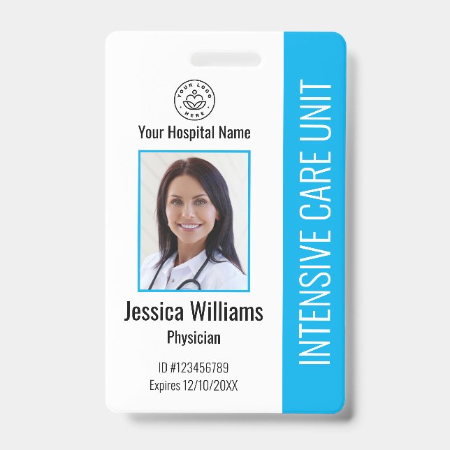Modern Company Logo Photo Blue Employee ID Badge (Front)