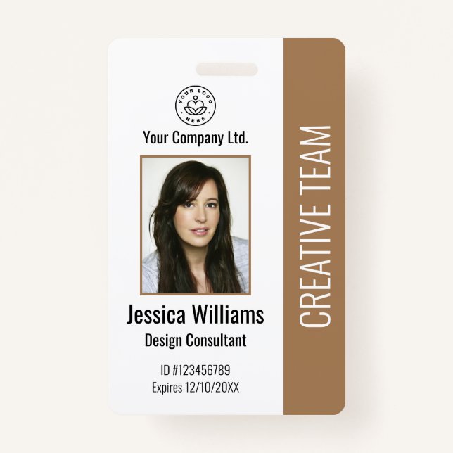 Modern Company Logo Photo Brown Employee ID Badge (Front)