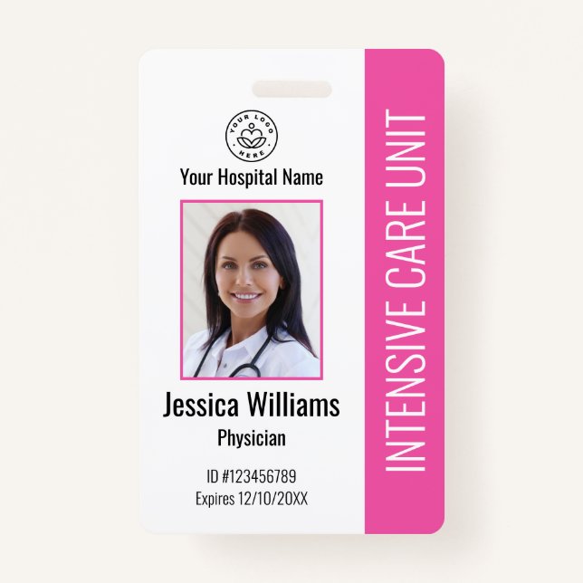 Modern Company Logo Photo Pink Employee ID ID Badge (Front)