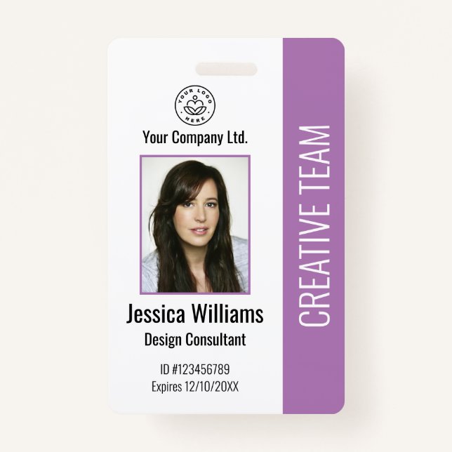 Modern Company Logo Photo Purple Employee ID Badge (Front)